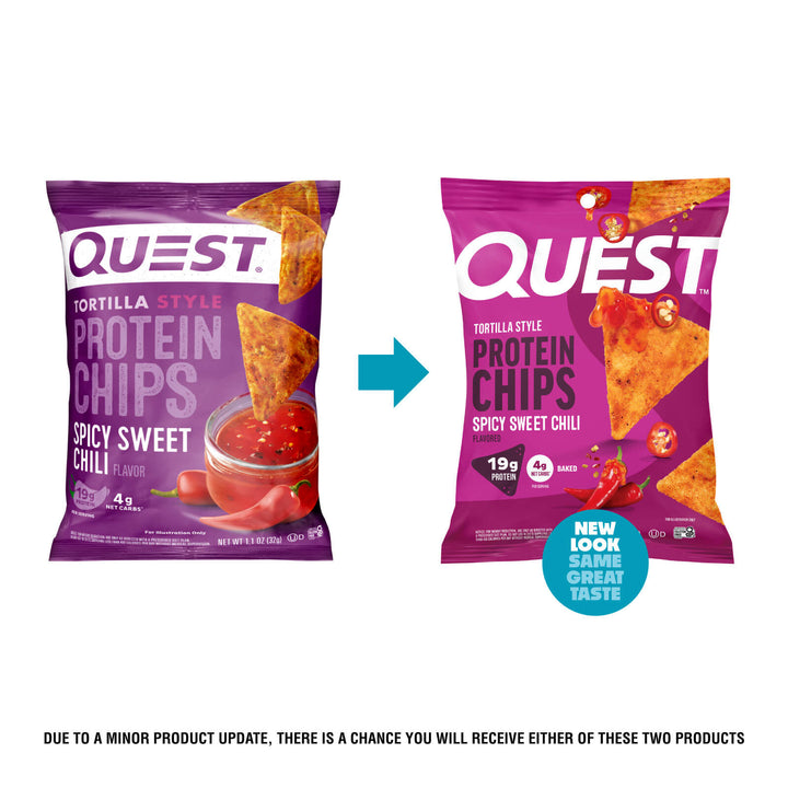 Quest Spicy Sweet Chili Protein Chips old and new packaging comparison showing updated bag design.
