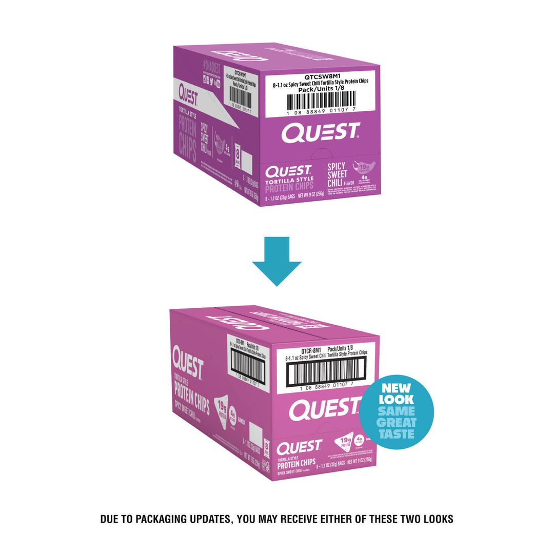 Quest Spicy Sweet Chili Protein Chips case packaging comparison with previous and updated box design.