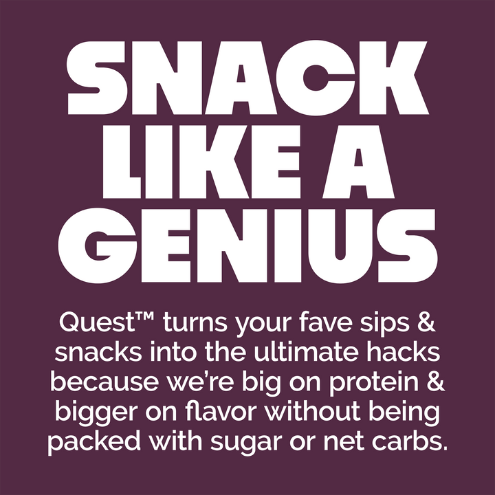 Snack like a genius graphic promoting Quest high-protein snacks with low sugar and low net carbs.