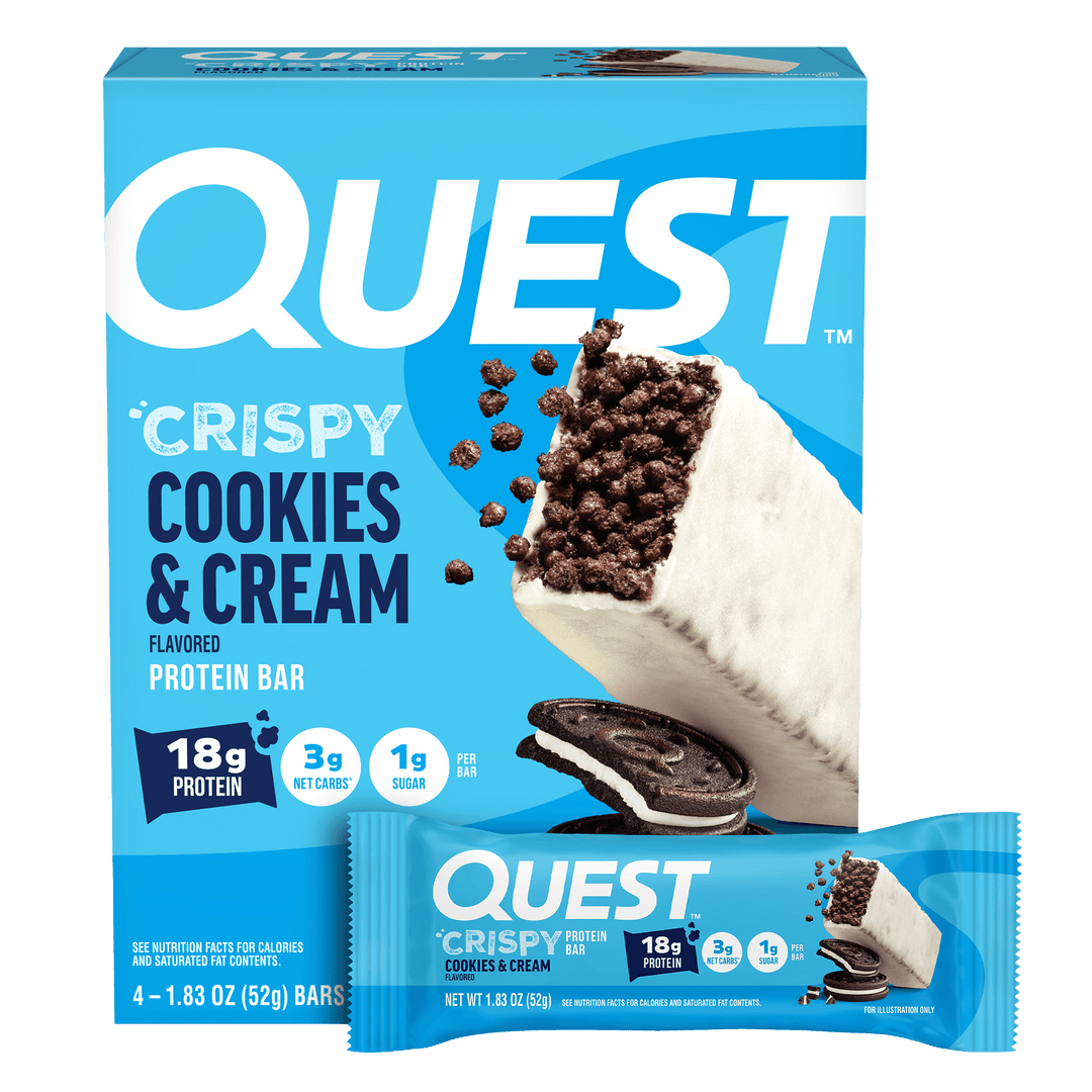 Quest Crispy Cookies & Cream protein bar packaging 