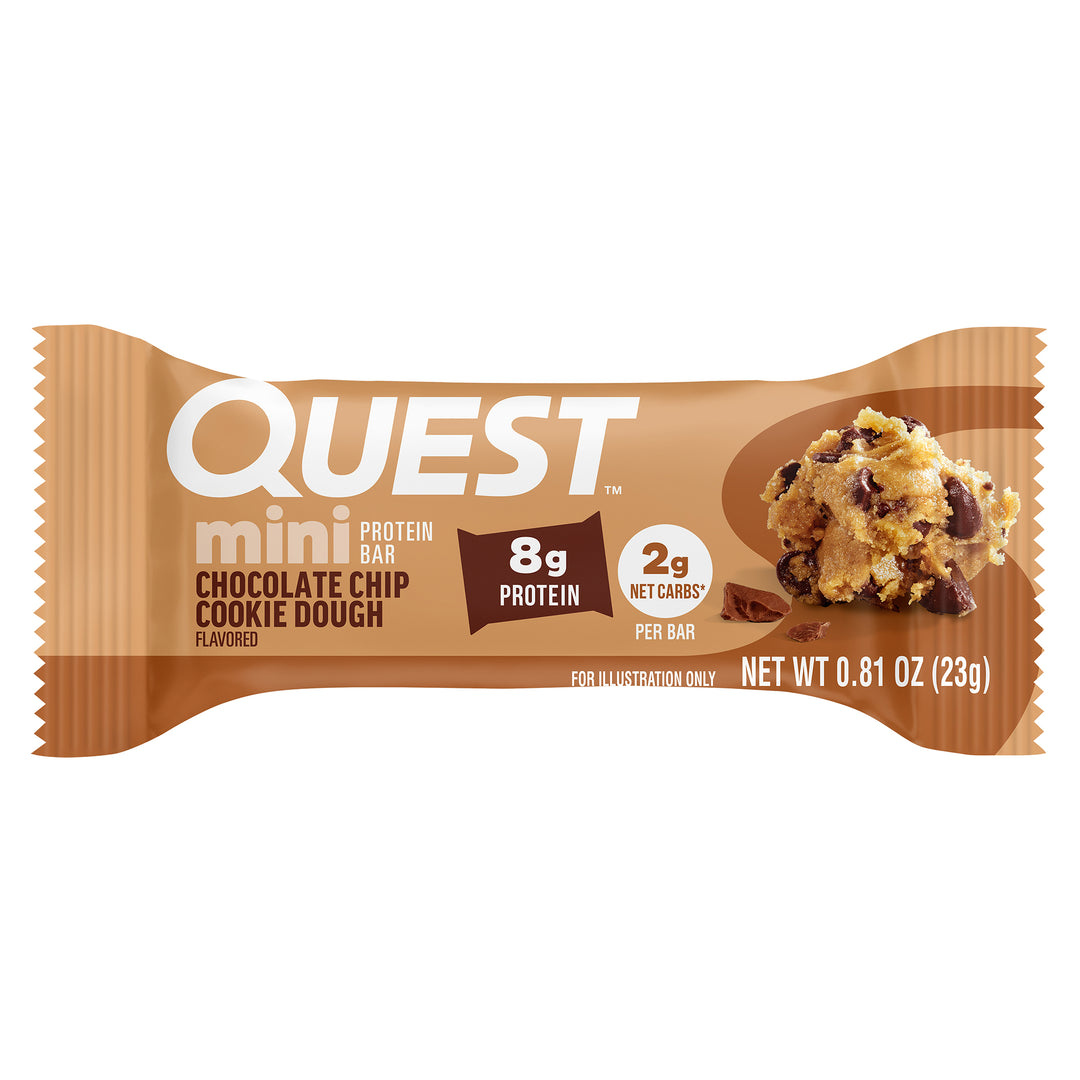 Packaging of Quest Mini Protein Bar, chocolate chip cookie dough flavor. Brown wrapper with text highlighting 8g protein and 2g net carbs.
