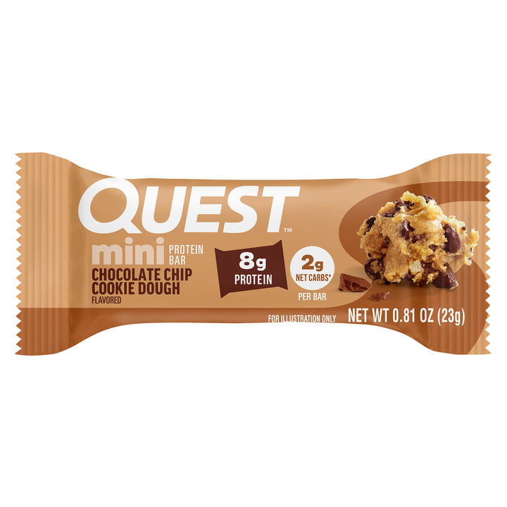 Packaging of Quest Mini Protein Bar, chocolate chip cookie dough flavor. Brown wrapper with text highlighting 8g protein and 2g net carbs.