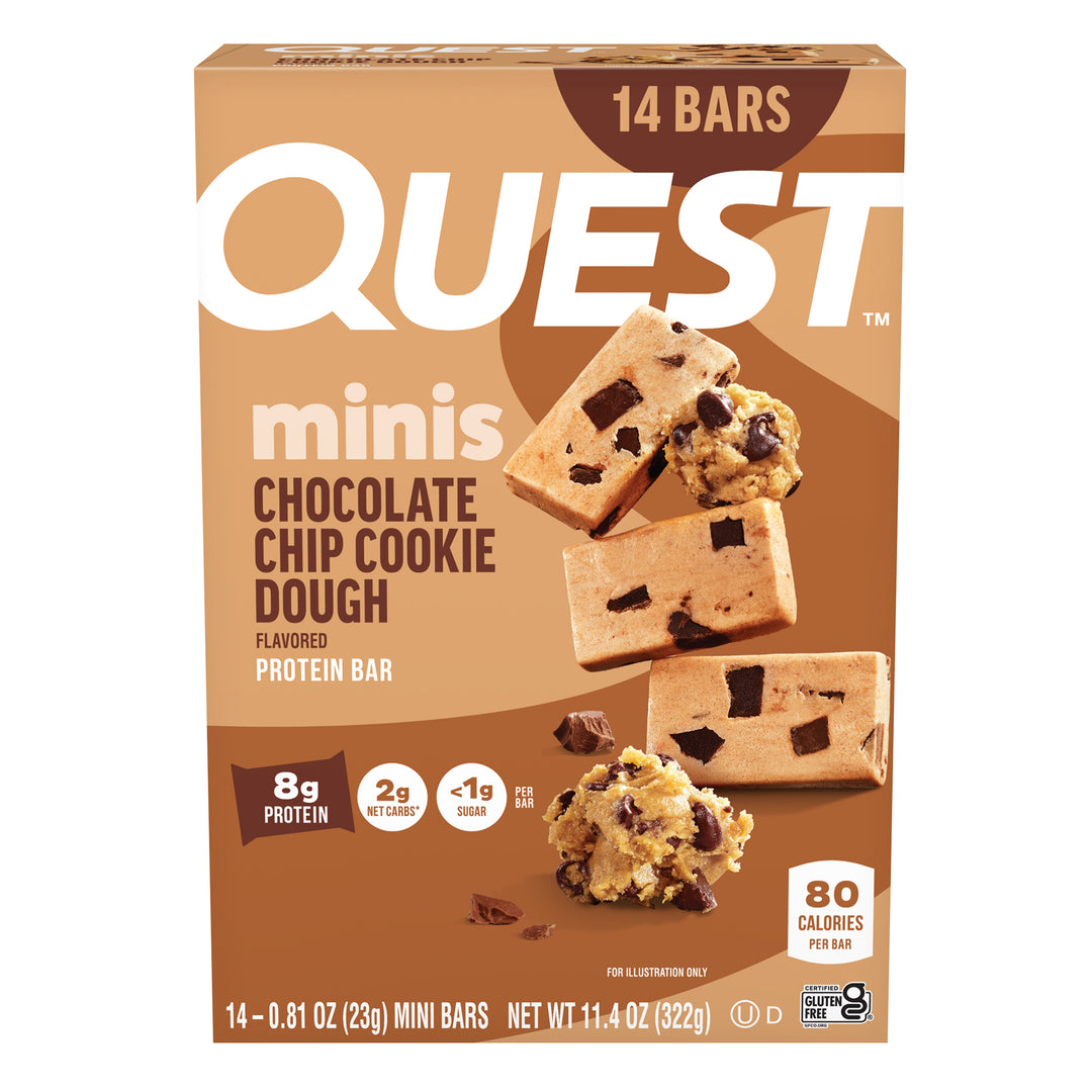 Box of Quest Minis protein bars in chocolate chip cookie dough flavor, featuring images of bars with chocolate chunks. Highlights: 80 calories, 8g protein.