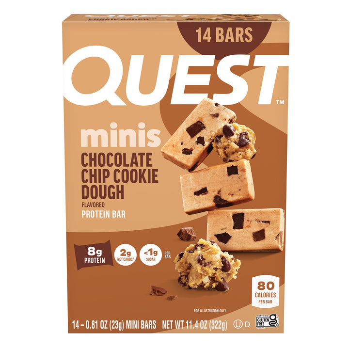 Box of Quest Minis protein bars in chocolate chip cookie dough flavor, featuring images of bars with chocolate chunks. Highlights: 80 calories, 8g protein.