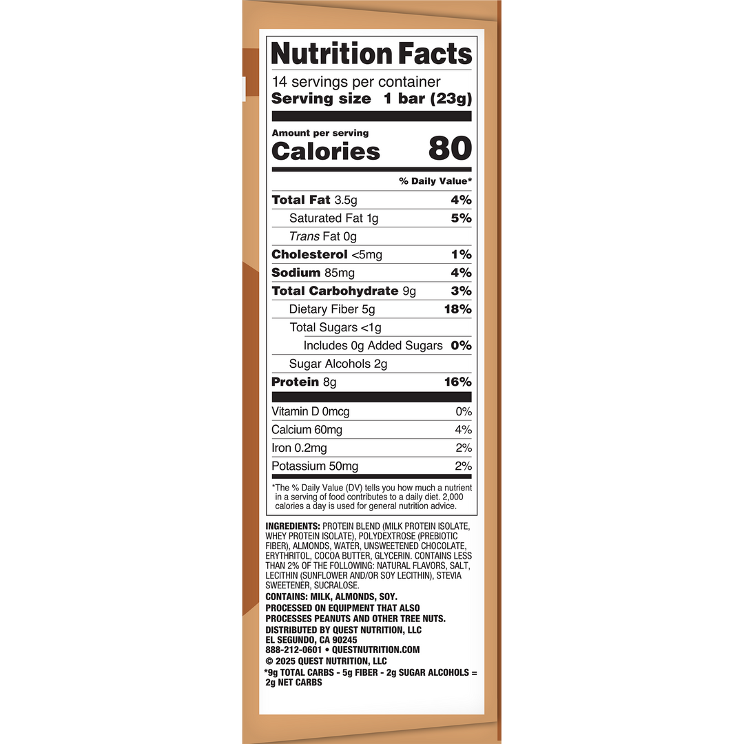 Nutrition facts label displaying information for one 23g bar. Contains 80 calories, 3.5g fat, 9g carbs, 8g protein. Ingredients include milk and almonds.