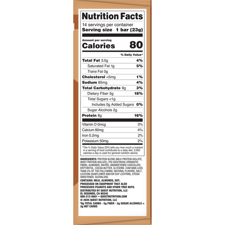 Nutrition facts label displaying information for one 23g bar. Contains 80 calories, 3.5g fat, 9g carbs, 8g protein. Ingredients include milk and almonds.