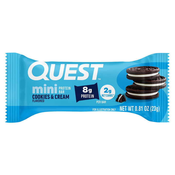 Blue packaging of a Quest mini protein bar, cookies and cream flavor. Highlights include 8g protein, 2g net carbs, and an image of sandwich cookies.
