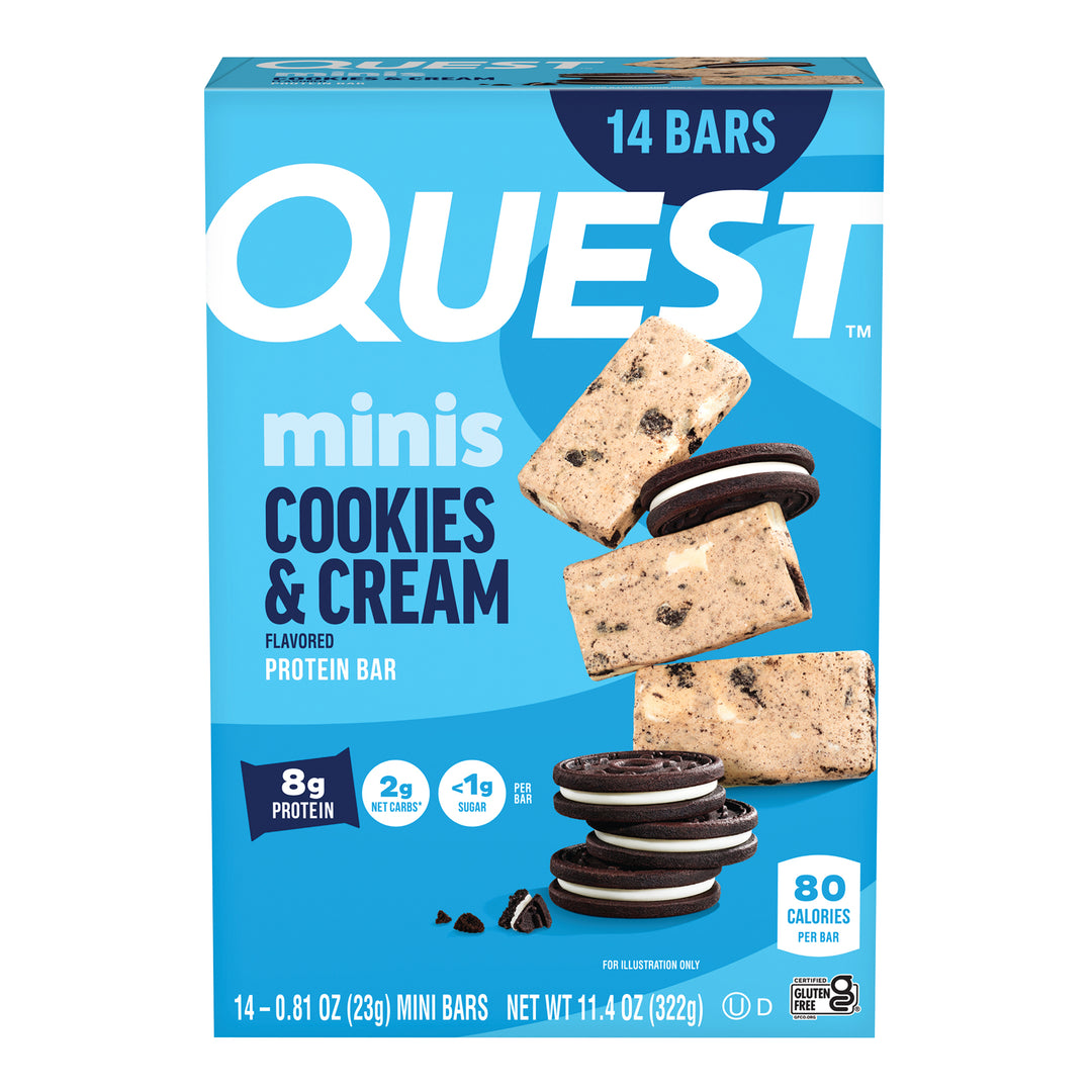 Quest Minis Cookies & Cream Protein Bar box showing several bars and cookies. Blue packaging highlights nutritional info: 14 bars, 80 calories each.