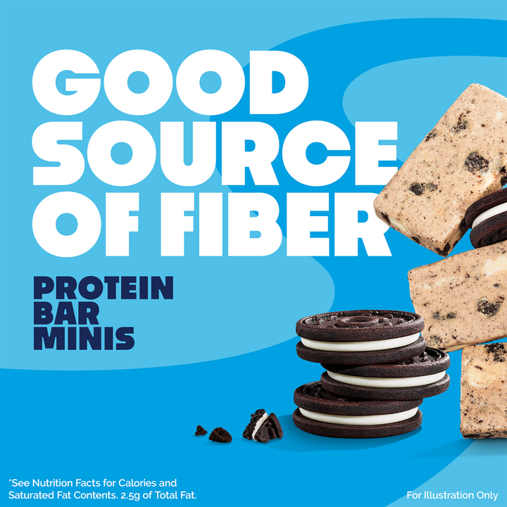 Image of a blue background with text "Good Source of Fiber, Protein Bar Minis." Features stacked cookies and protein bar pieces, conveying a nutritious snack choice.