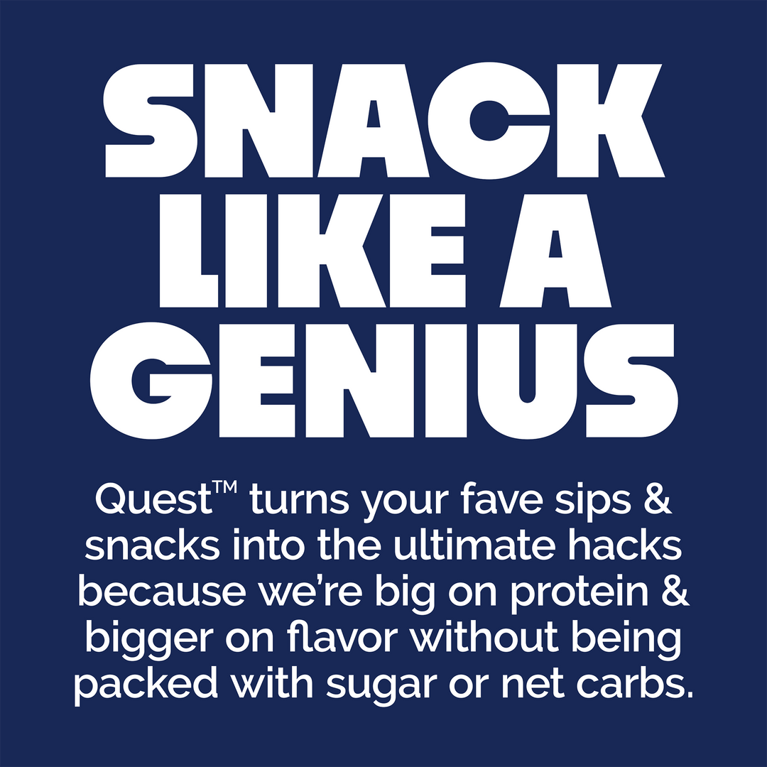 Bold white text on a dark blue background reads, "SNACK LIKE A GENIUS." Below, smaller text promotes Quest snacks as flavorful and low in sugar or carbs.