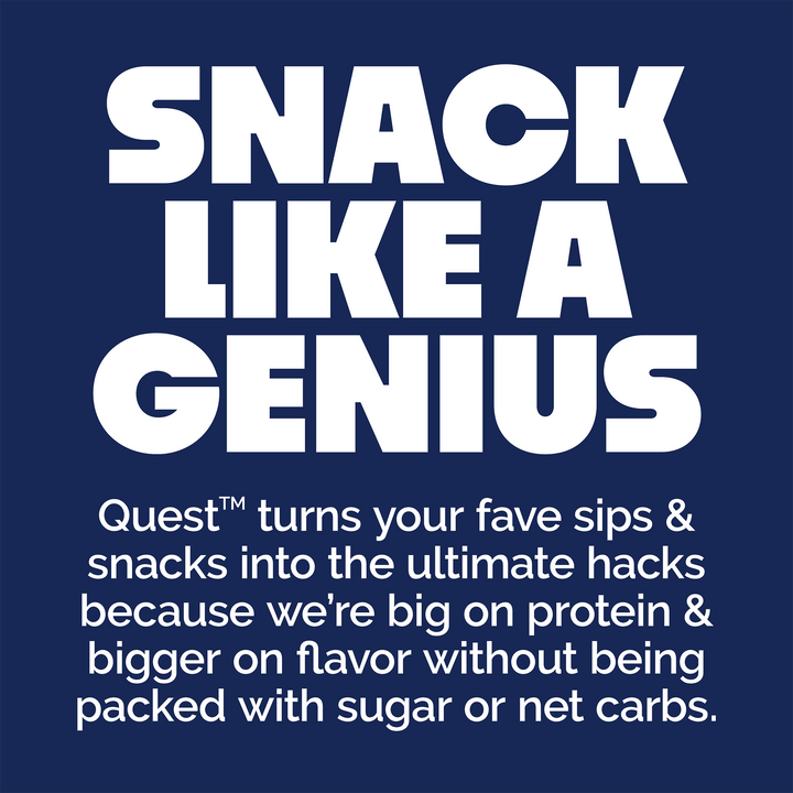 Bold white text on a dark blue background reads, "SNACK LIKE A GENIUS." Below, smaller text promotes Quest snacks as flavorful and low in sugar or carbs.