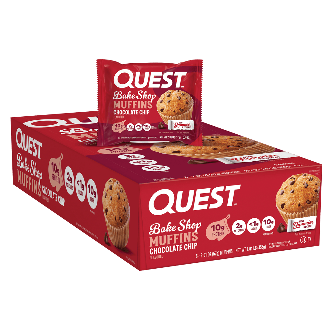 A box of Quest Bake Shop Muffins Chocolate Chip with a single muffin packet displayed on top