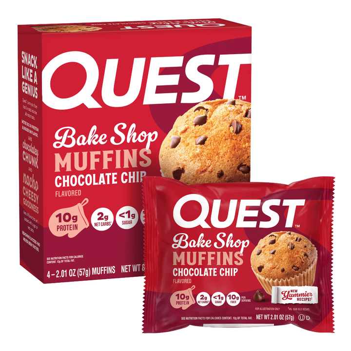 A box and individual packet of Quest Bake Shop Muffins Chocolate Chip flavor, shown on a plain white background.