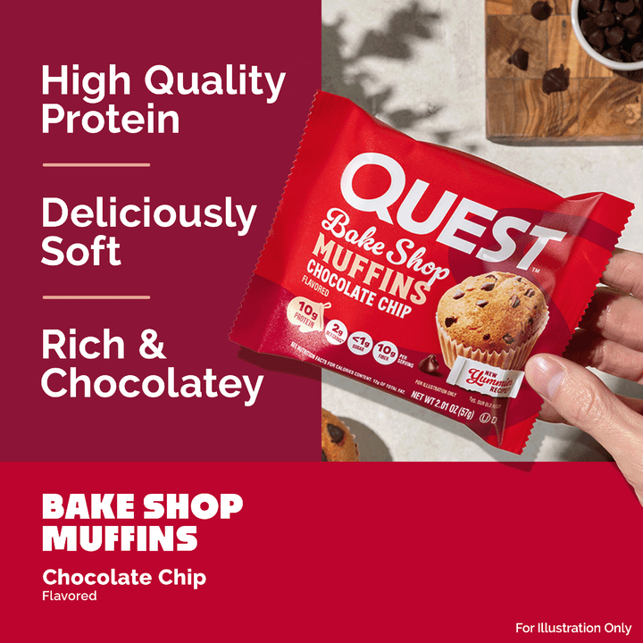 A hand holding a red packet of Quest Bake Shop Muffins Chocolate Chip, with marketing text on the left and a muffin in the background.