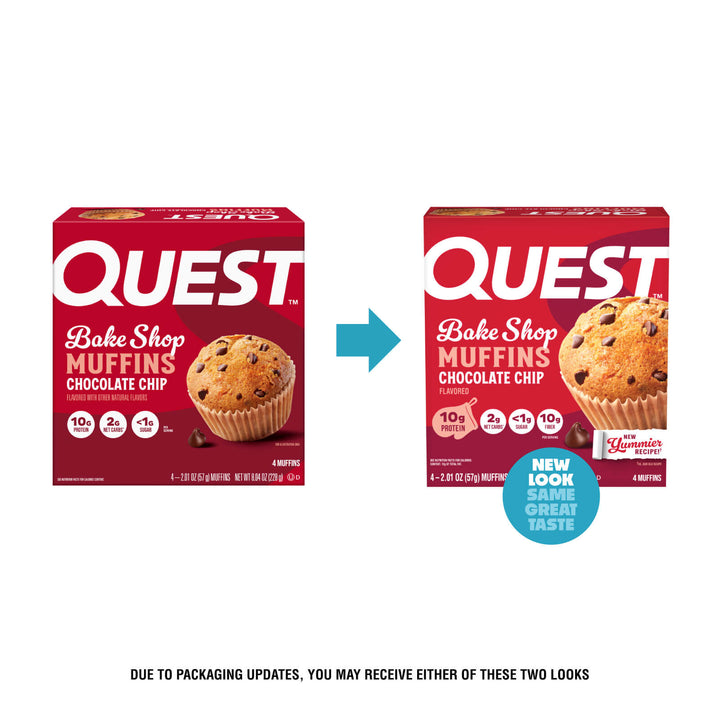 Two boxes of Quest Bake Shop Muffins Chocolate Chip shown side by side on a white background, with a blue arrow between them and a blue circular badge reading 'NEW LOOK SAME GREAT TASTE.' Small disclaimer text appears below.