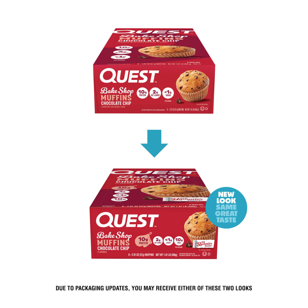 Two boxes of Quest Bake Shop Muffins Chocolate Chip shown on a white background, with a blue arrow between them and a blue circular badge reading 'NEW LOOK SAME GREAT TASTE.' Text below says packaging updates may result in either look.