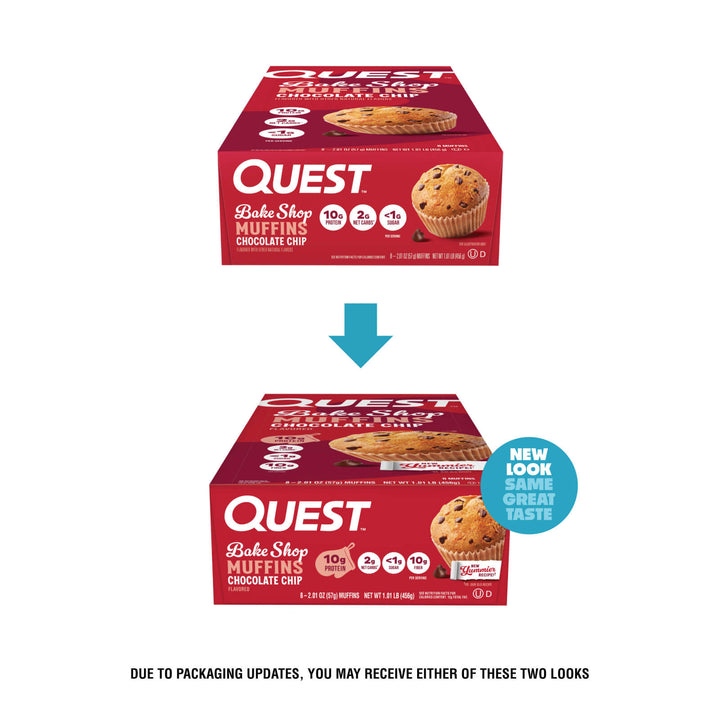 Two boxes of Quest Bake Shop Muffins Chocolate Chip shown on a white background, with a blue arrow between them and a blue circular badge reading 'NEW LOOK SAME GREAT TASTE.' Text below says packaging updates may result in either look.