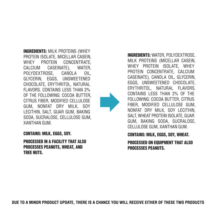A white rectangular label or packaging insert with black text listing ingredients and allergen information for milk proteins, including whey protein isolate, micellar casein, whey protein concentrate, egg, unsweetened chocolate, canola oil, glycerin, and several flavor variants.
