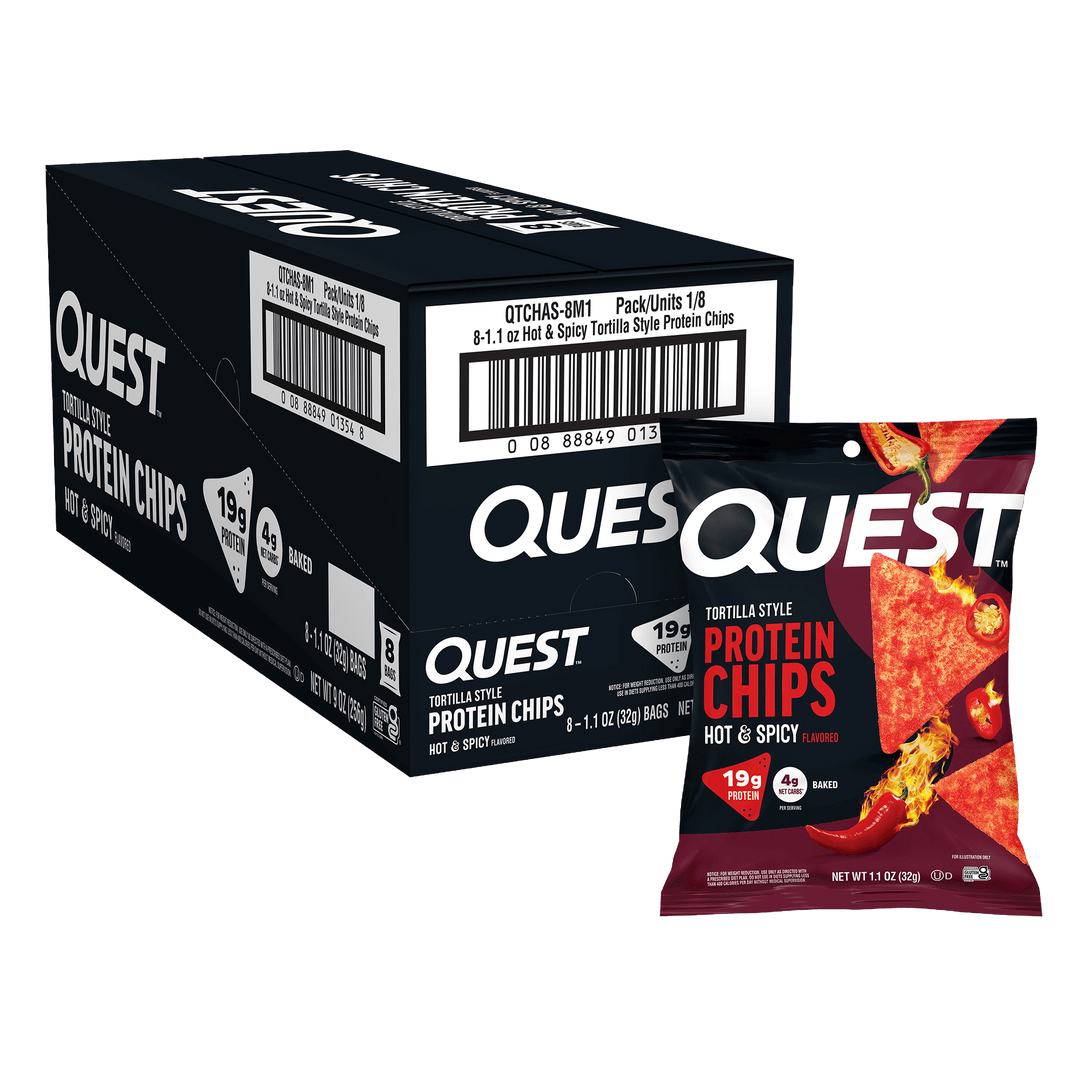 Box and single packet of Quest Hot & Spicy protein chips 