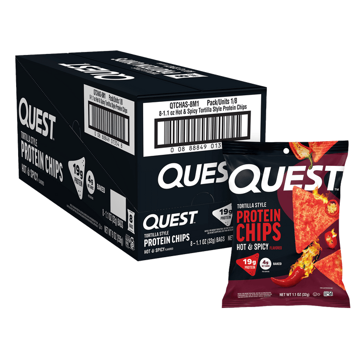 Box and single packet of Quest Hot & Spicy protein chips 