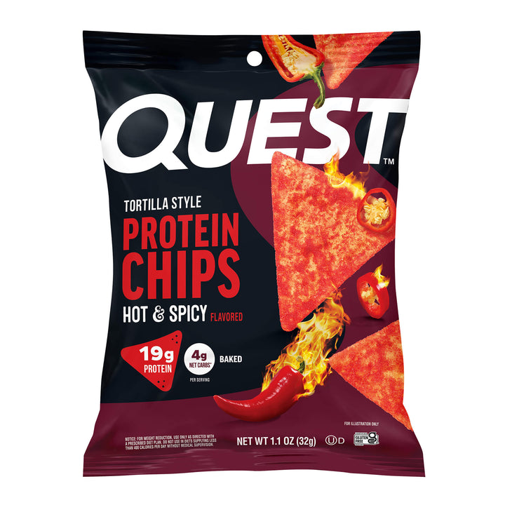 Quest Hot & Spicy protein chips packaging on a white background