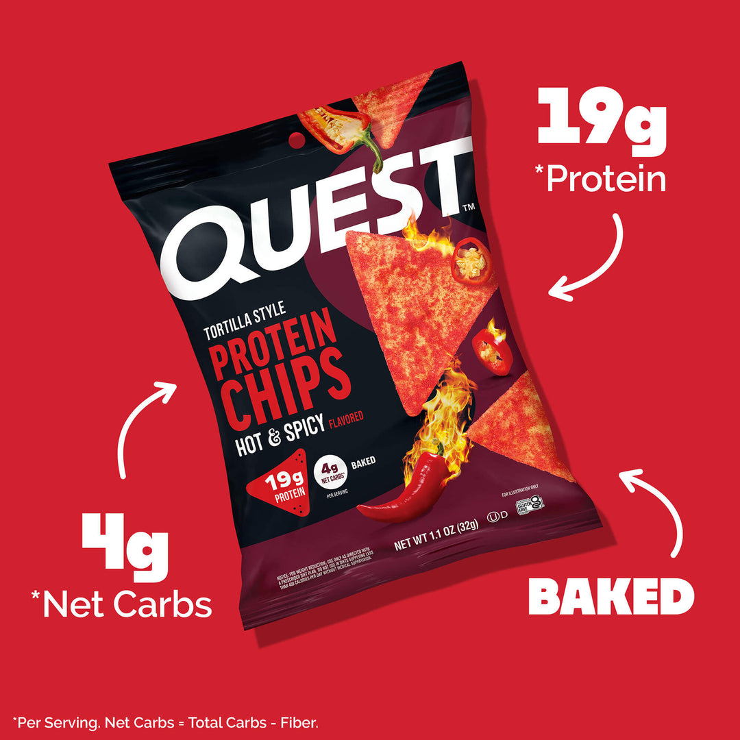 Quest protein chips packaging on a red background with nutritional information.