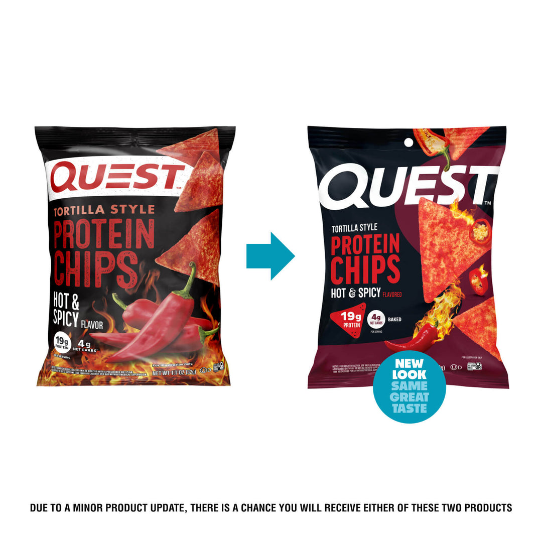 Two packages of Quest Hot & Spicy Tortilla Style Protein Chips with a blue arrow pointing from one to the other.