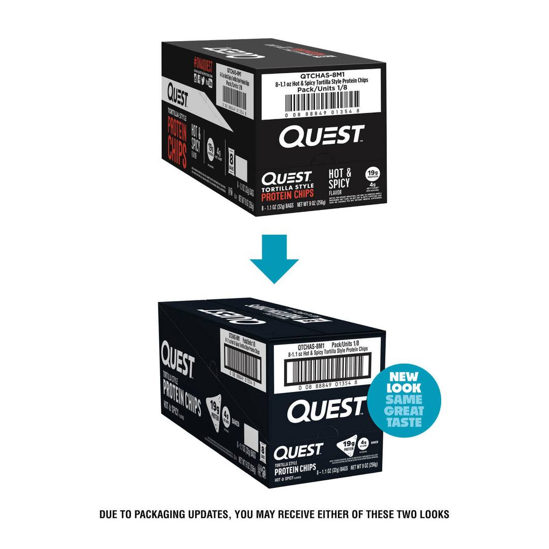 Two boxes of Quest protein chips with a blue arrow pointing to one box, indicating a new packaging design.
