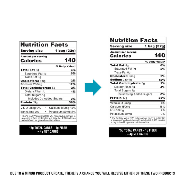 Nutrition facts label for a product with serving size, calories, and detailed nutritional information.