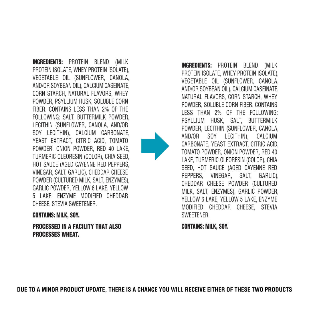 Ingredients list of a protein product with a blue arrow pointing to additional ingredients.