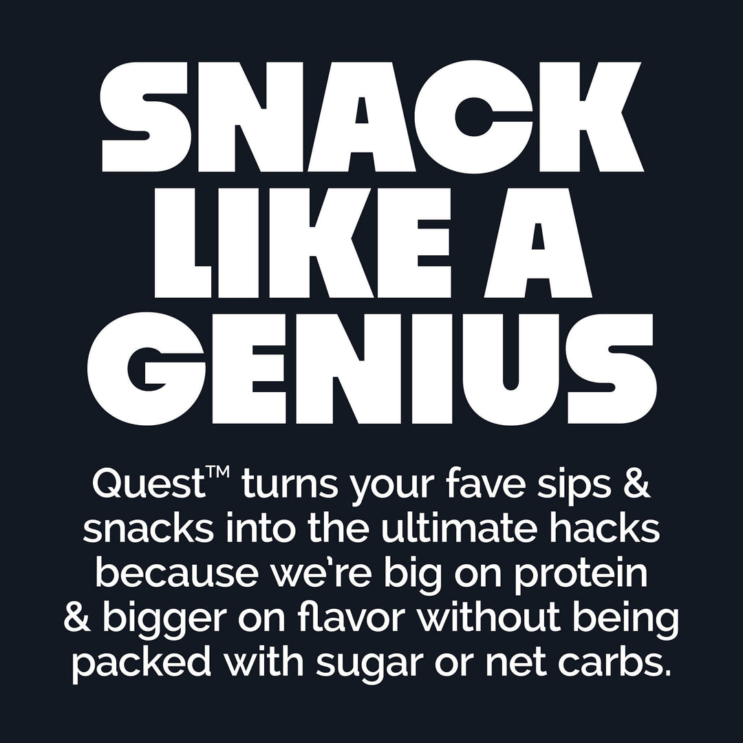 Promotional text for Quest snacks on a dark background