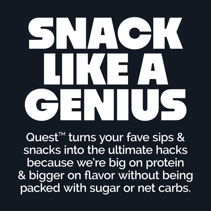 Promotional text for Quest snacks on a dark background