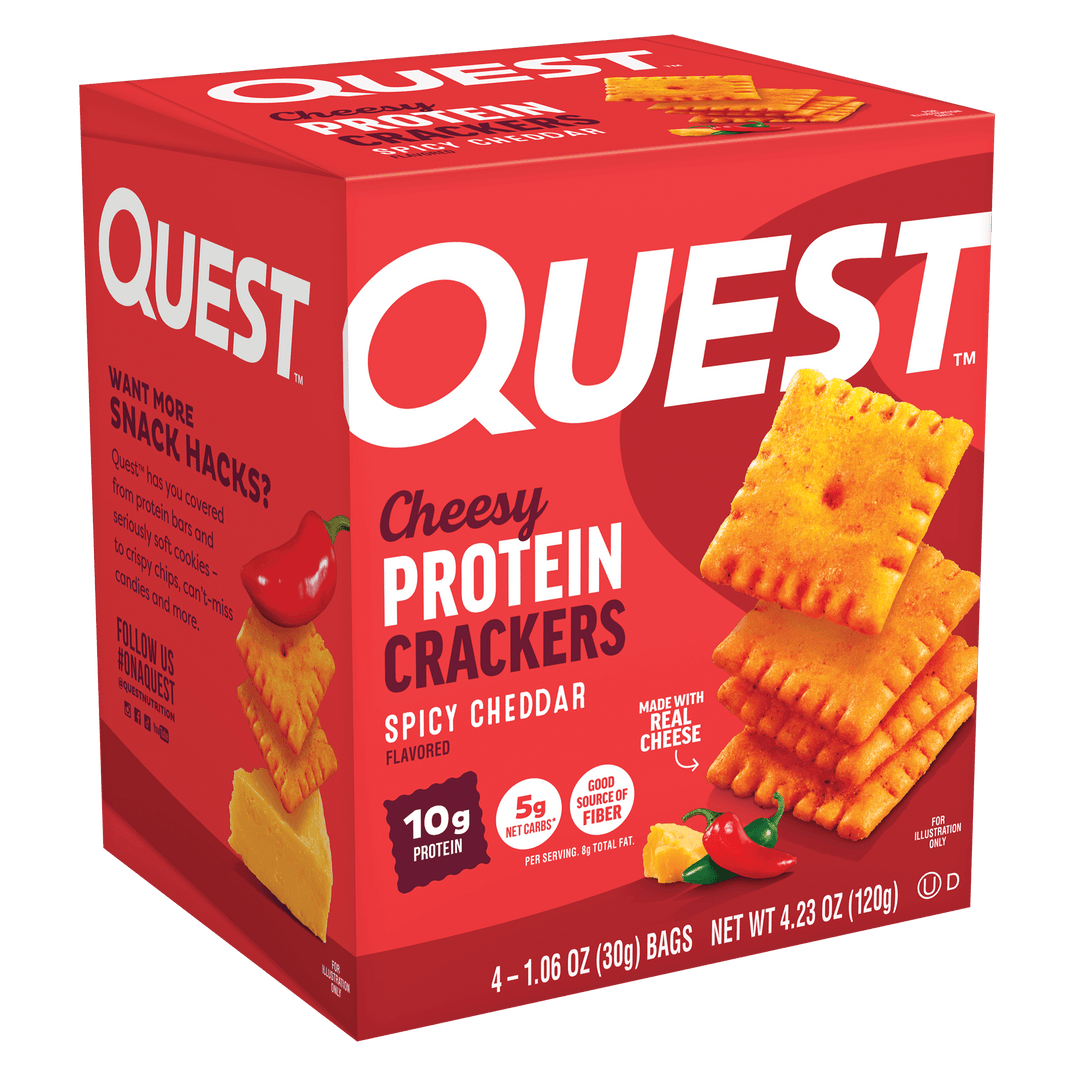 A red box of Quest Cheesy Protein Crackers in Spicy Cheddar flavor, featuring cheese and chili graphics. Highlights include “10g protein” and “5g net carbs.”