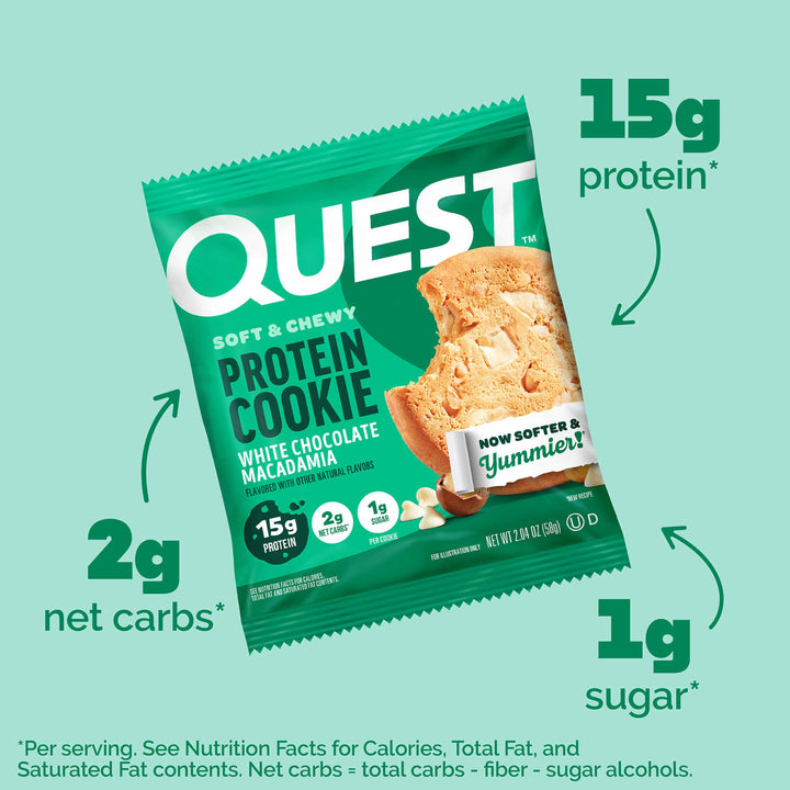 White Chocolate Macadamia Protein Cookies; 15g Protein*; 2g Net Carbs*; 1g Sugar*; **Per serving. See Nutrition Facts for calories Total fat, and saturated fat contents. Net carbs = total carbs - fiber - sugar alcohols.
