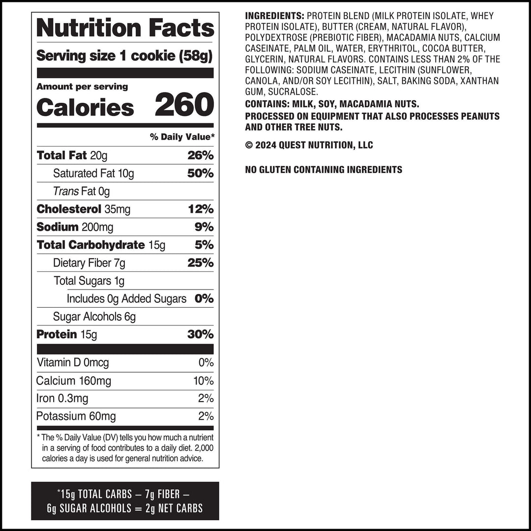 White Chocolate Macadamia Protein Cookies; Nutrition Facts Panel
