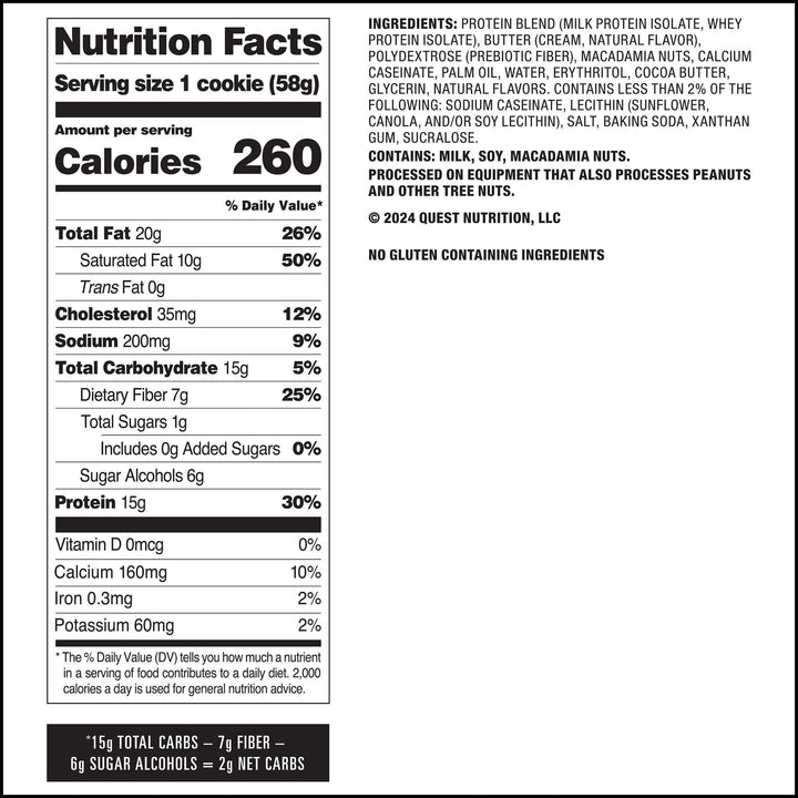 White Chocolate Macadamia Protein Cookies; Nutrition Facts Panel
