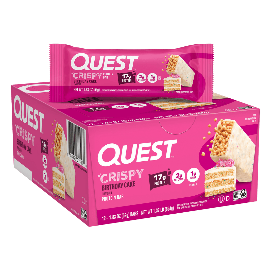 Pink Quest Crispy Birthday Cake Protein Bar box and wrapper, highlighting nutritional info: 17g protein, 2g net carbs, and 1g sugar, with cake imagery.