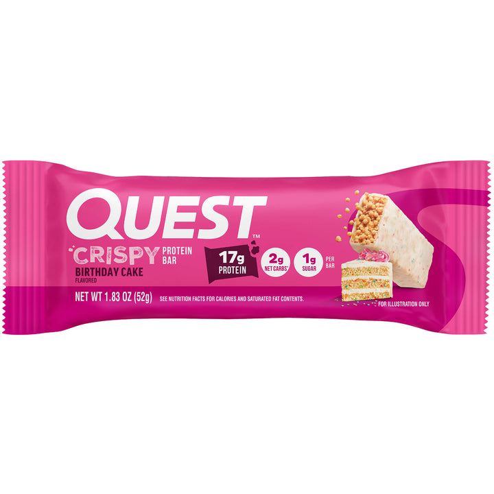 Pink packaging of a Quest Crispy Birthday Cake Protein Bar. Text highlights 17g protein, 2g net carbs, and 1g sugar. Cake illustration on the right.