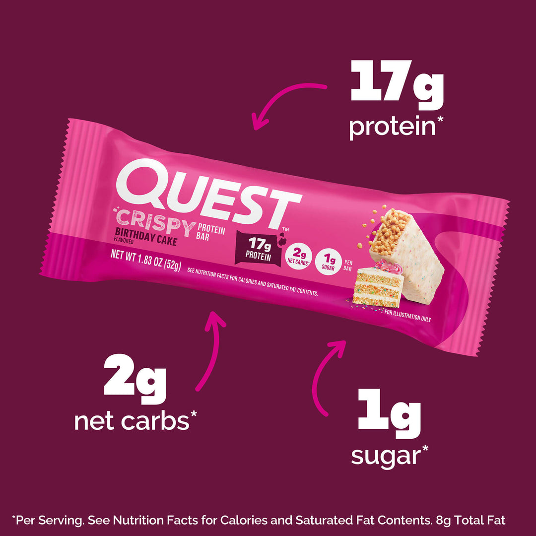 Packaged Quest Crispy Birthday Cake Protein Bar on a purple background. Text highlights 17g protein, 2g net carbs, and 1g sugar.