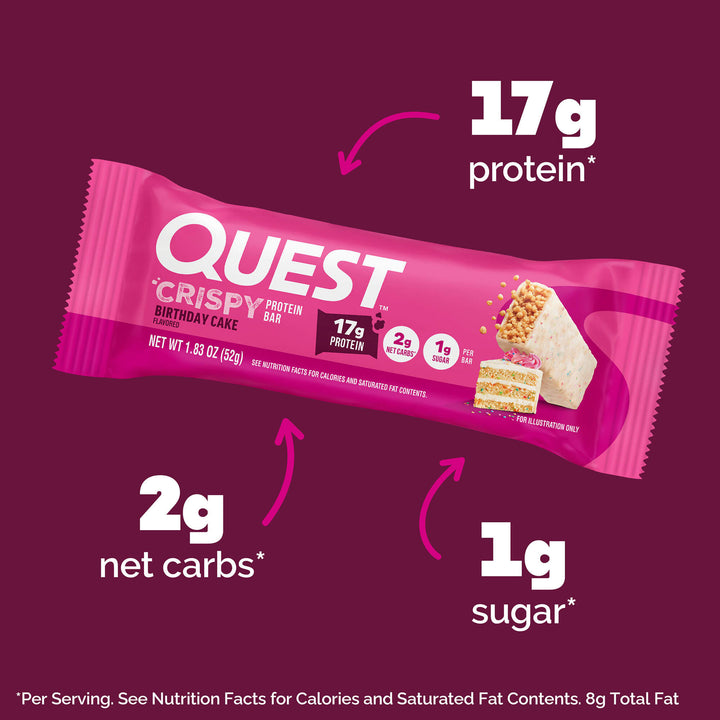 Packaged Quest Crispy Birthday Cake Protein Bar on a purple background. Text highlights 17g protein, 2g net carbs, and 1g sugar.