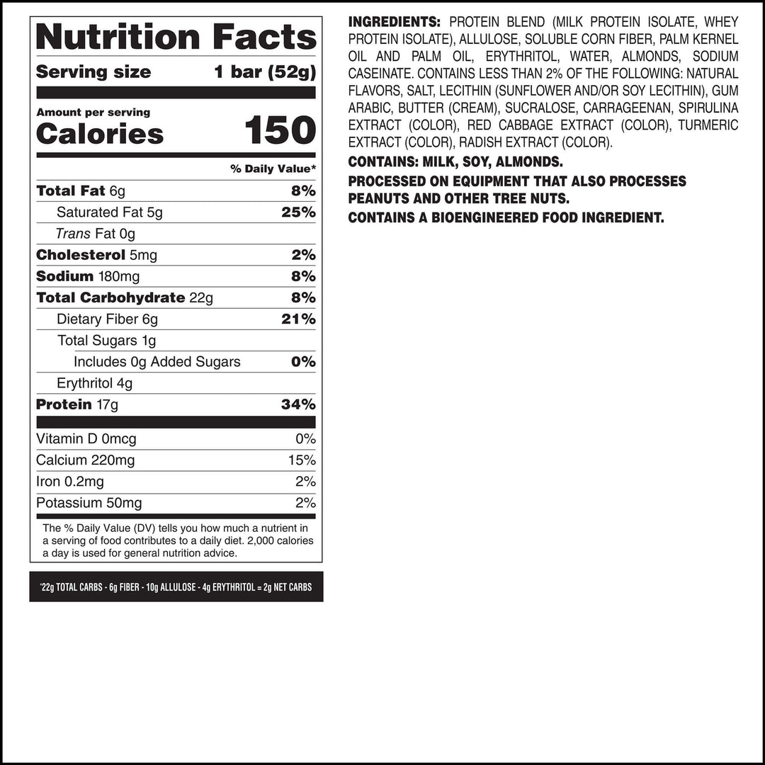 Nutrition label for a protein bar, 150 calories per 52g serving. Key nutrients: 17g protein, 6g fat, 22g carbs, 6g fiber, 1g sugar. Contains milk, soy, almonds.