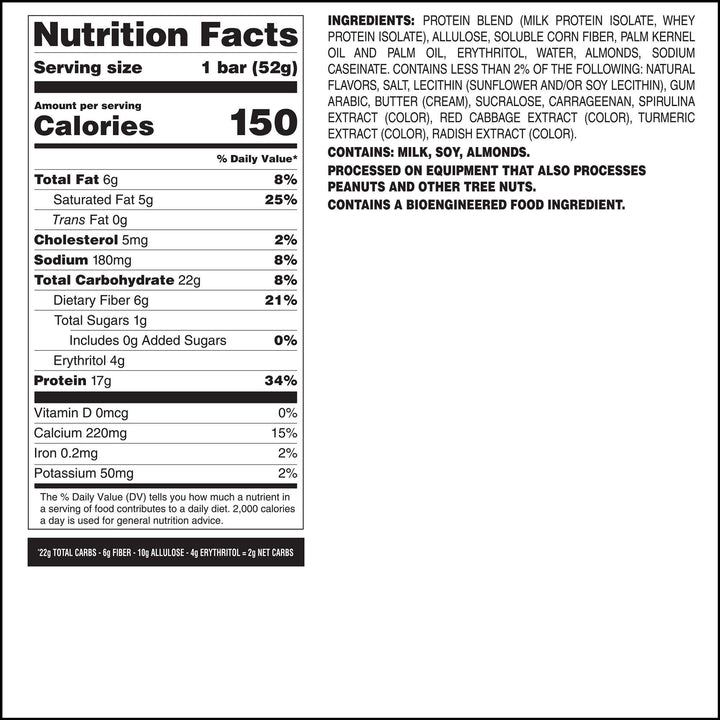 Nutrition label for a protein bar, 150 calories per 52g serving. Key nutrients: 17g protein, 6g fat, 22g carbs, 6g fiber, 1g sugar. Contains milk, soy, almonds.