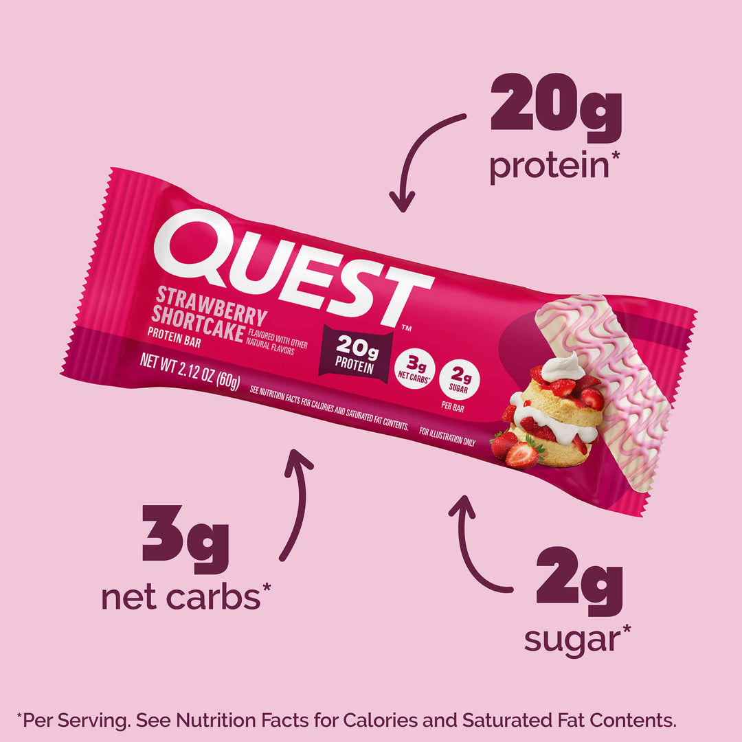 Strawberry Shortcake Protein Bar; 20g protein*; 3g net carbs*; 2g sugar*; *Per serving. See Nutrition Facts for calories and saturated fat contents. 