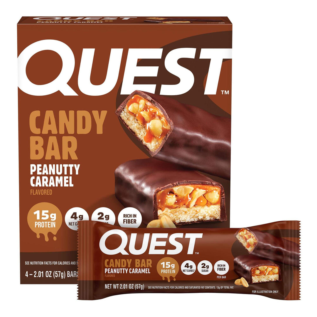 Quest Candy Bar Peanutty Caramel packaging on a white background