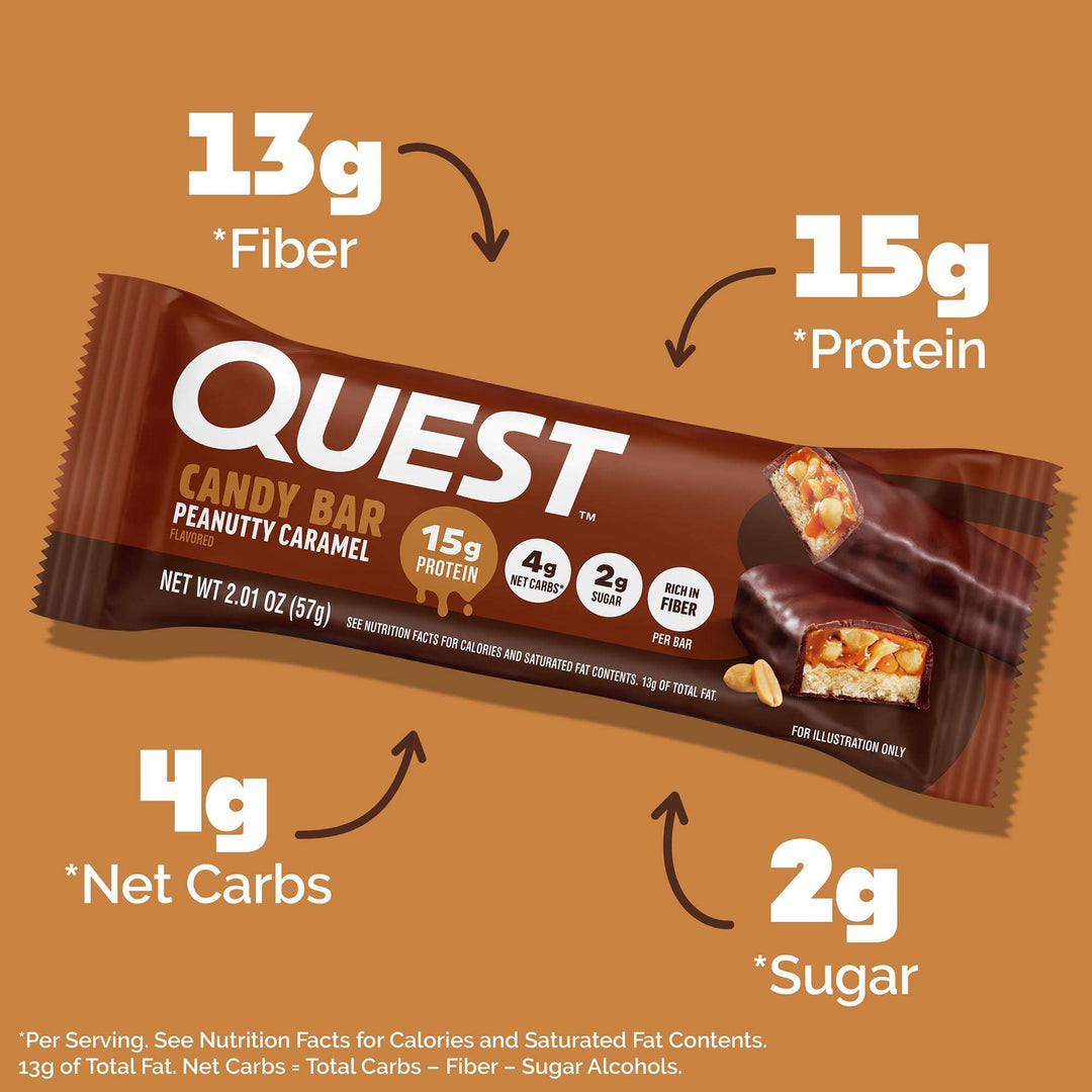 Quest Candy Bar Peanutty Caramel on a brown background with nutritional information.