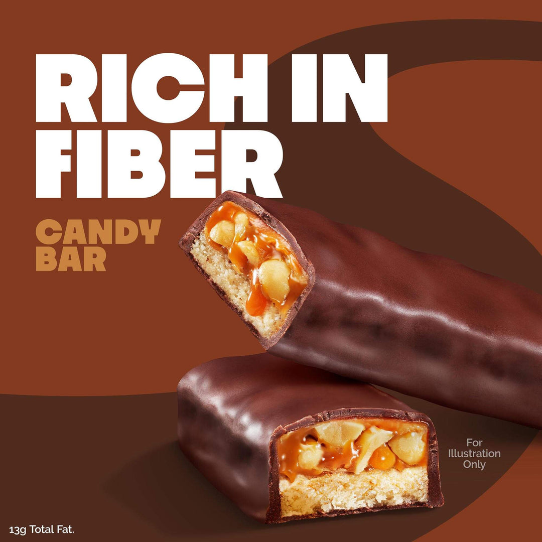 Chocolate candy bar with a close-up of the interior filling on a brown background, labeled 'Rich in Fiber'.