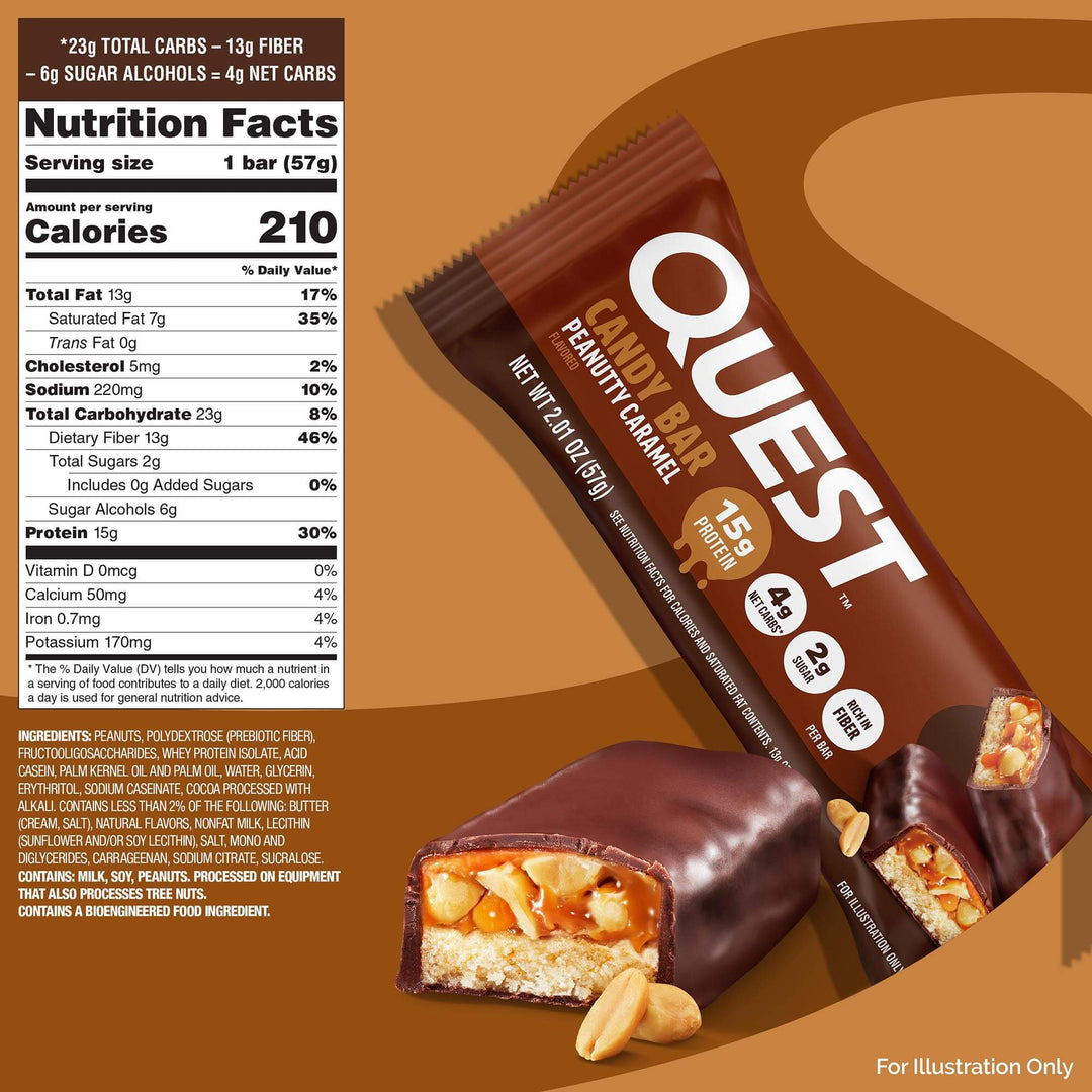 Quest Candy Bar Peanut Caramel with nutrition label on a brown background