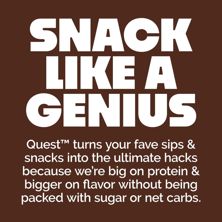 Promotional text for Quest snacks on a brown background