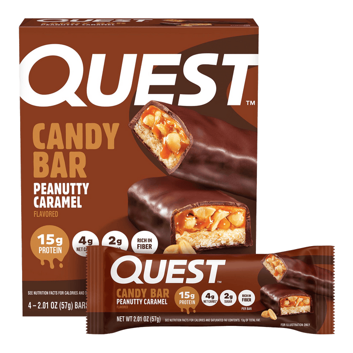 Quest Candy Bar packaging with peanutty caramel flavor 