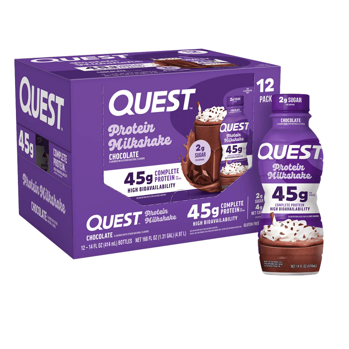 A box of Quest Protein Milkshake chocolate flavor bottles shown with several individual bottles in front on a clean white background.